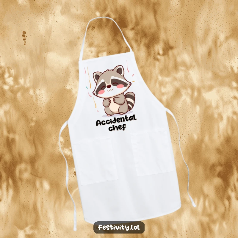 Funny apron featuring a blushing raccoon adorably trying to catch falling streamers, perfect for adding charm to cooking.