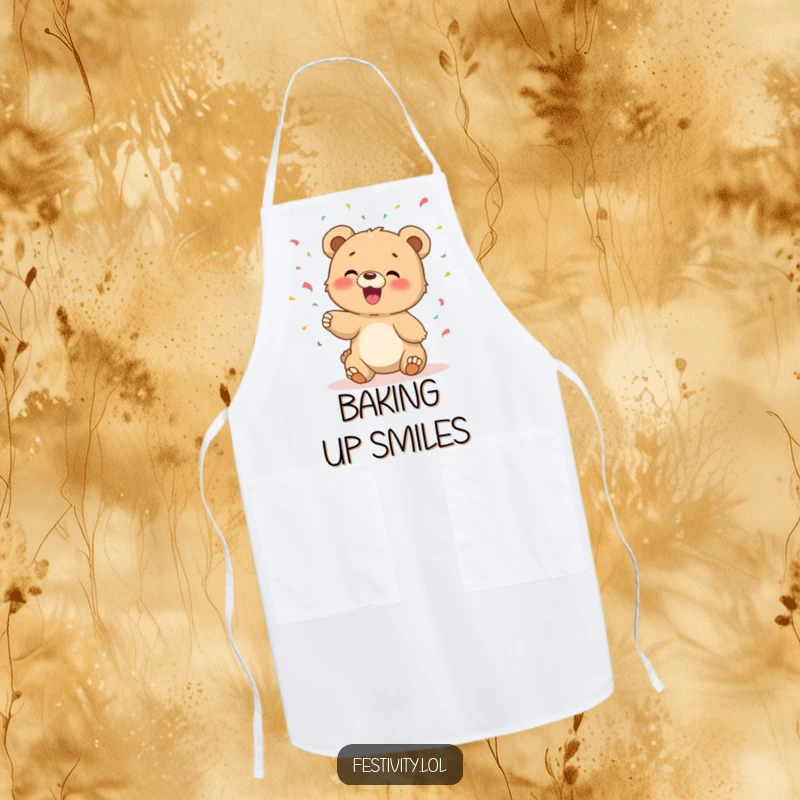Funny kitchen apron with a giggling bear cub happily tossing confetti, perfect for messy but fun cooking.