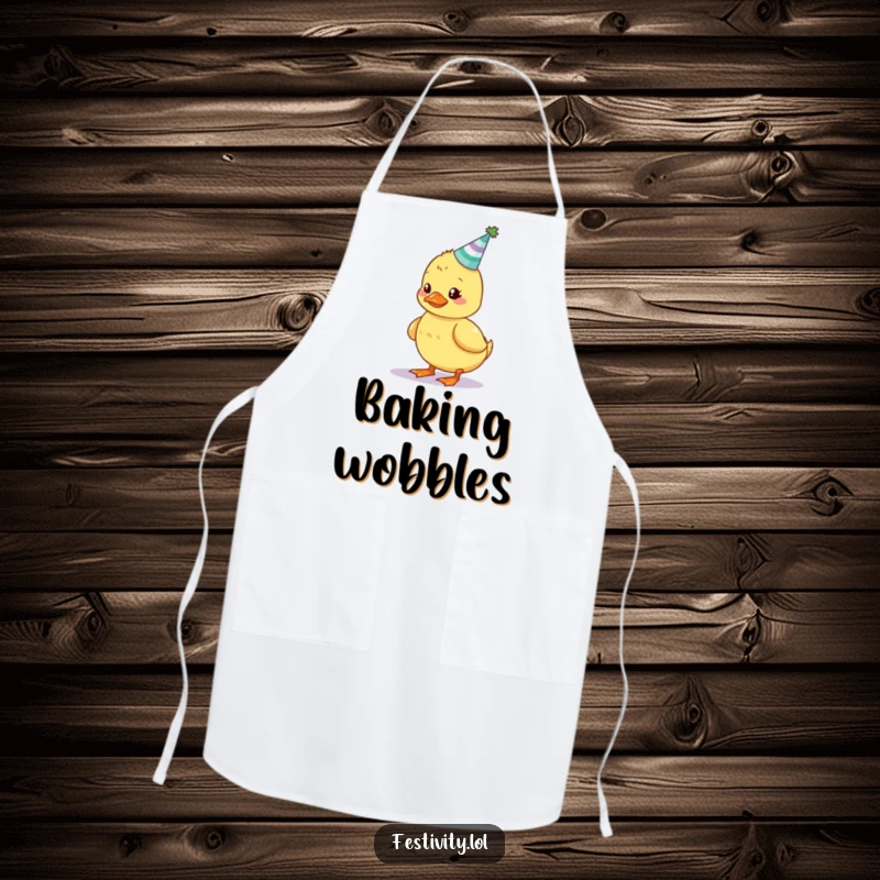 Funny apron with a wobbly duckling trying to balance a cake with candles, perfect for birthday baking fun.