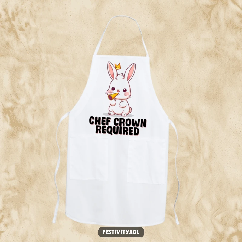 Funny apron featuring a curious rabbit with a small crown, blowing a party horn.