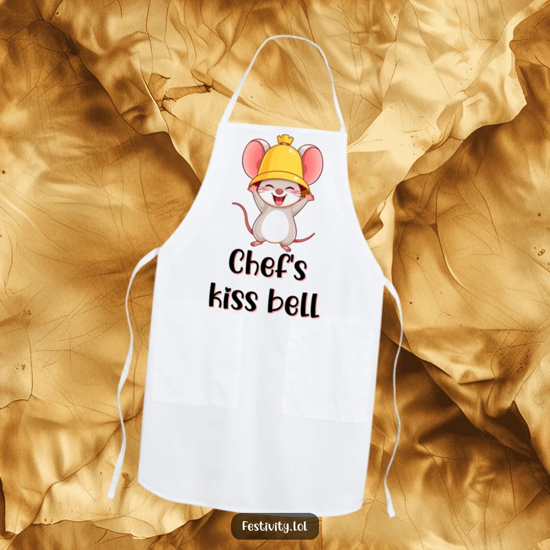 Funny apron with a triumphant mouse ringing a giant golden bell, perfect for celebrating kitchen successes.