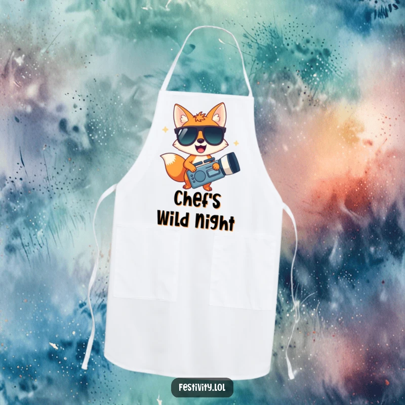 Funny apron with a happy fox in oversized sunglasses holding a giant noisemaker, ideal for a humorous cooking session.
