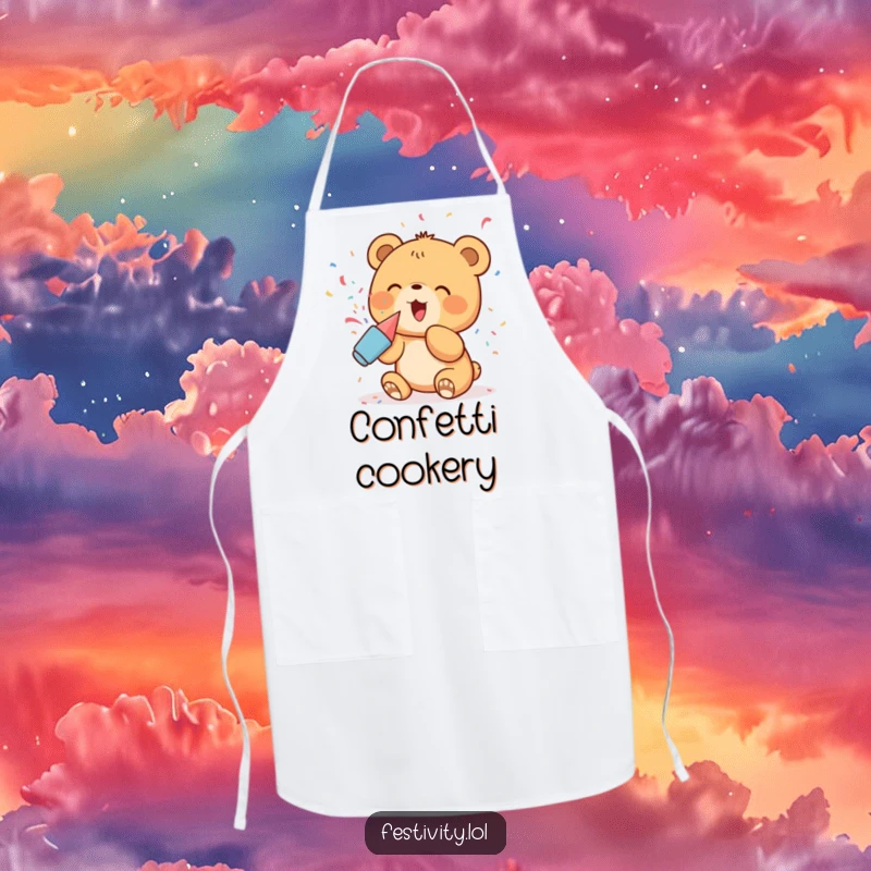 Funny Apron: A delighted bear cub popping confetti from a party popper, a humorous and festive kitchen accessory.