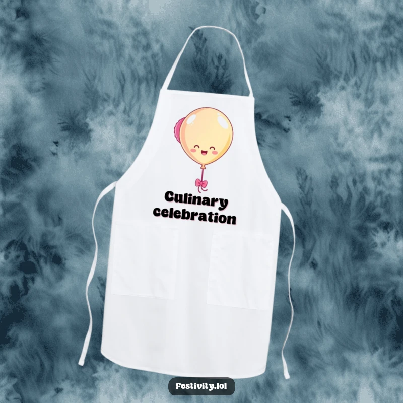 Funny Balloon Bobbing Apron showing a happy balloon character cheerfully bobbing with streamers, perfect for cooks who love a festive kitchen vibe.