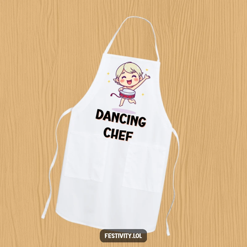 Funny merry character dancing energetically with a tambourine on a functional apron.