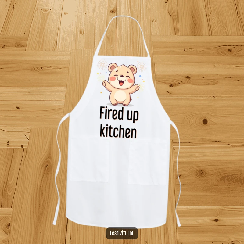 Funny apron showing a joyful bear cub waving sparklers, perfect for humorous cooking and baking.