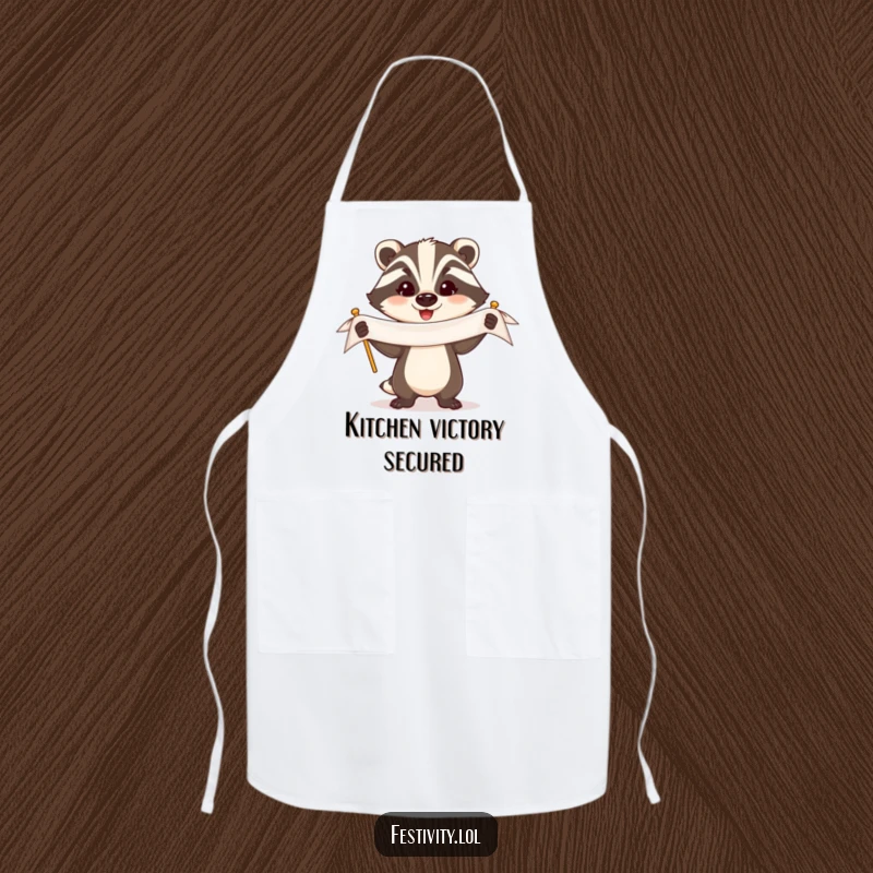 Funny Badger Apron: A triumphant badger holds a banner with a proud expression, ideal for a humorous cooking experience.