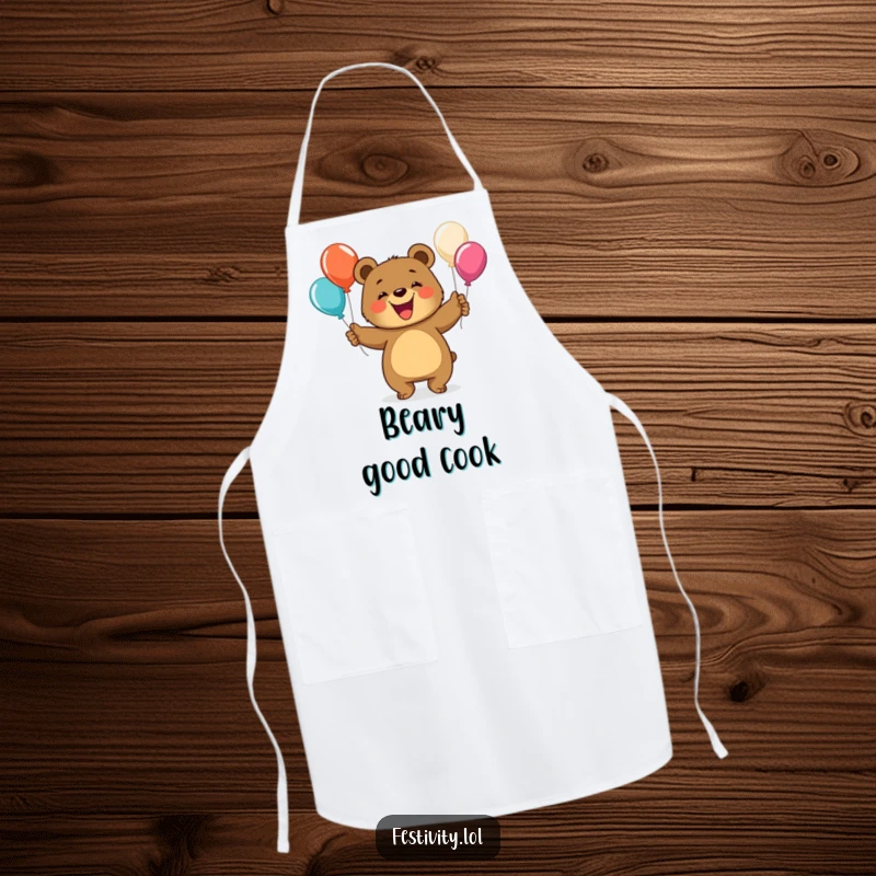 Funny bear apron featuring a grinning bear juggling colorful balloons, perfect for adding a humorous and cheerful touch to cooking.