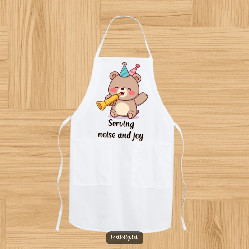 Funny apron illustrating a joyful bear in a party hat, playing a loud trumpet, making cooking a festive and humorous event.