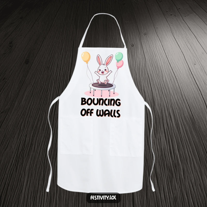 Funny Bunny Trampoline Apron shows a cheerful bunny bouncing on a balloon-filled trampoline, adding humor to cooking.