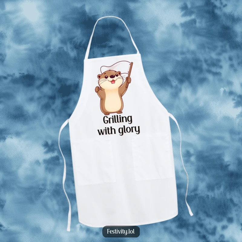 Funny apron depicting a determined otter holding a flag high, for kitchen victories.