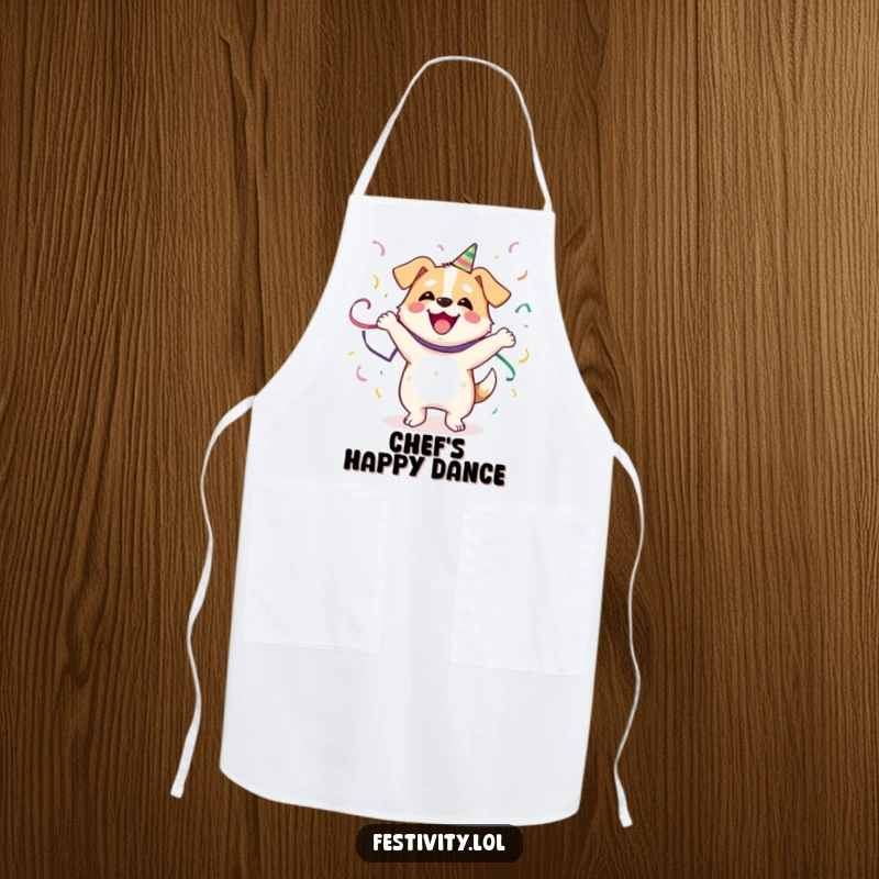 Funny Dog Apron: A happy dog dances energetically, covered in streamers, ideal for a humorous cooking experience.