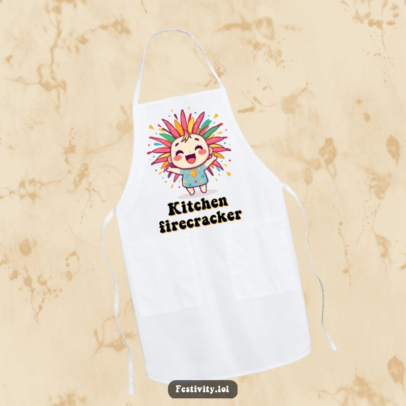 Funny apron with a jubilant firework character bursting with colorful, joyful patterns, ideal for a festive cook.