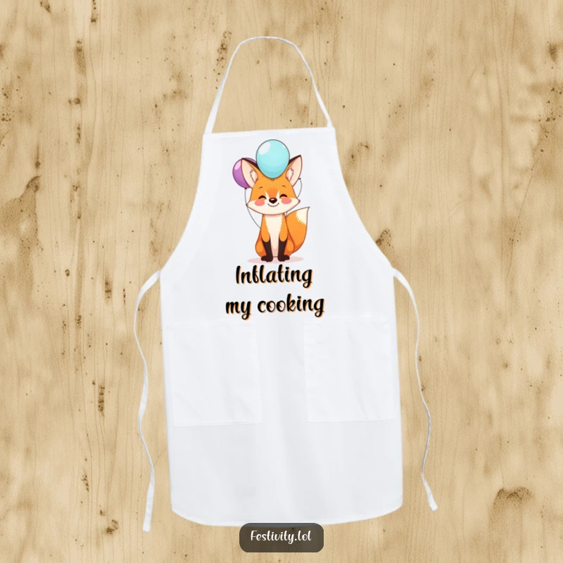 Funny fox apron showing a happy fox balancing a stack of balloons on its nose, ideal for adding humor to kitchen tasks.