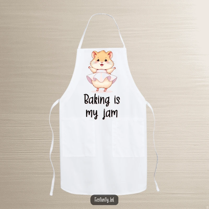 Funny hamster apron, a fluffy hamster dressed in a party dress, happily twirling, perfect for kitchen fun.