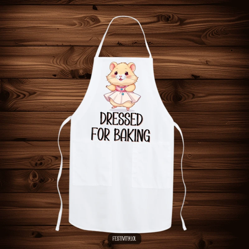 Funny hamster wearing a tiny party dress and twirling happily, a comical and practical apron for kitchen fun.