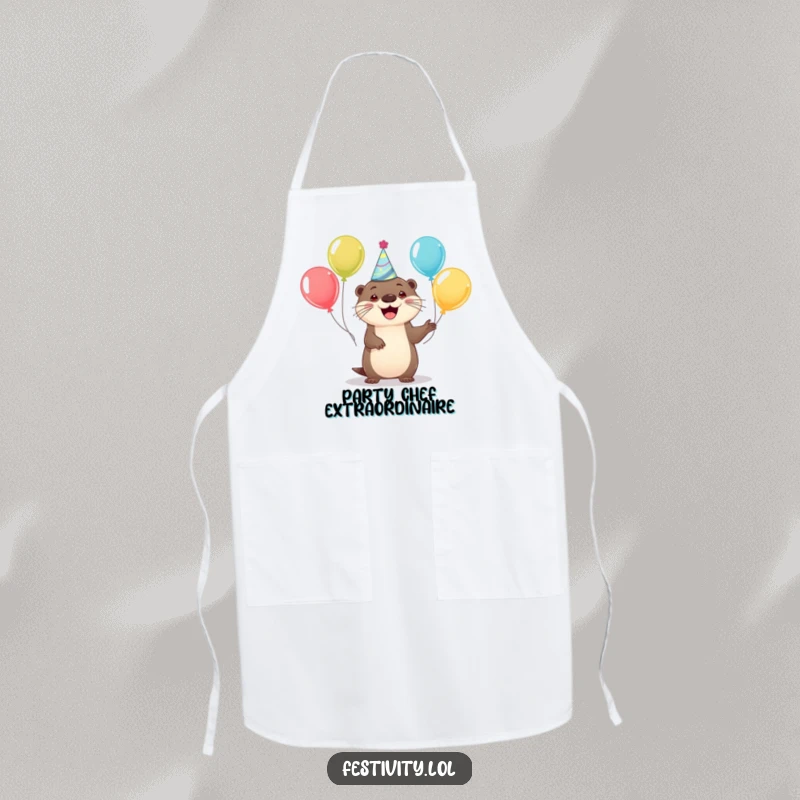 Funny apron showing a happy otter in a party hat juggling balloons, perfect for festive cooking and baking.