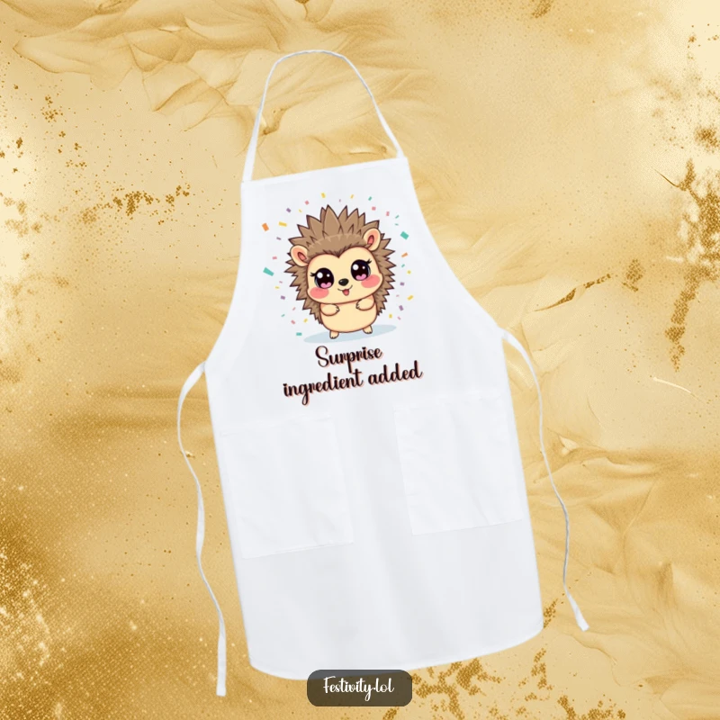 Funny hedgehog apron showing a happy hedgehog delighted by a confetti blast, perfect for protecting clothes with a humorous twist.