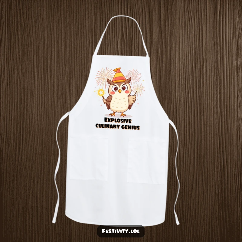 Funny apron showcasing a determined owl in a silly hat, lighting a giant firework, making meal preparation an exciting event.