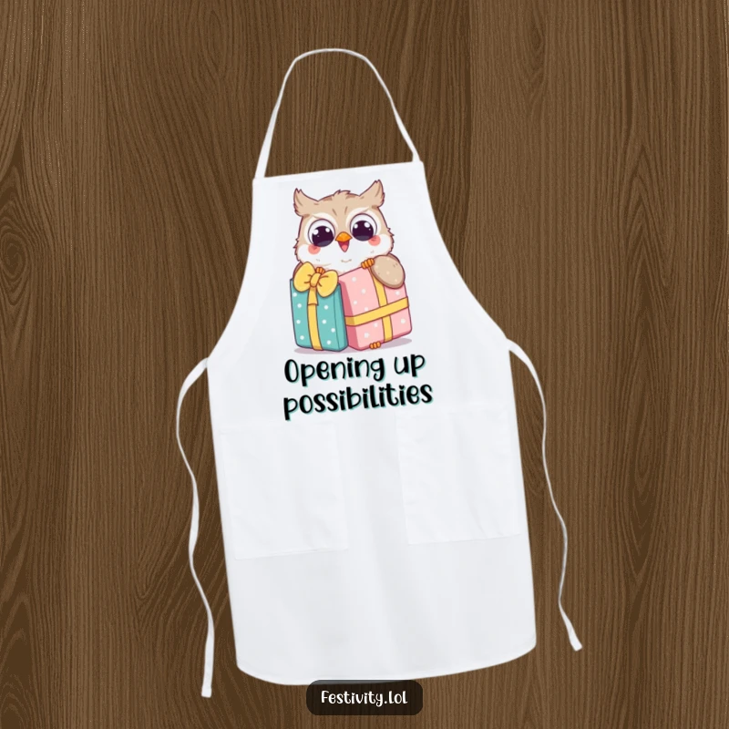 Funny Owl Apron shows a happy owl unwrapping an oversized gift, adding a humorous touch to kitchen tasks.
