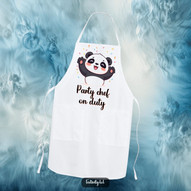 Funny Panda Apron for cooking, showing a panda gleefully throwing confetti, making kitchen tasks more enjoyable.