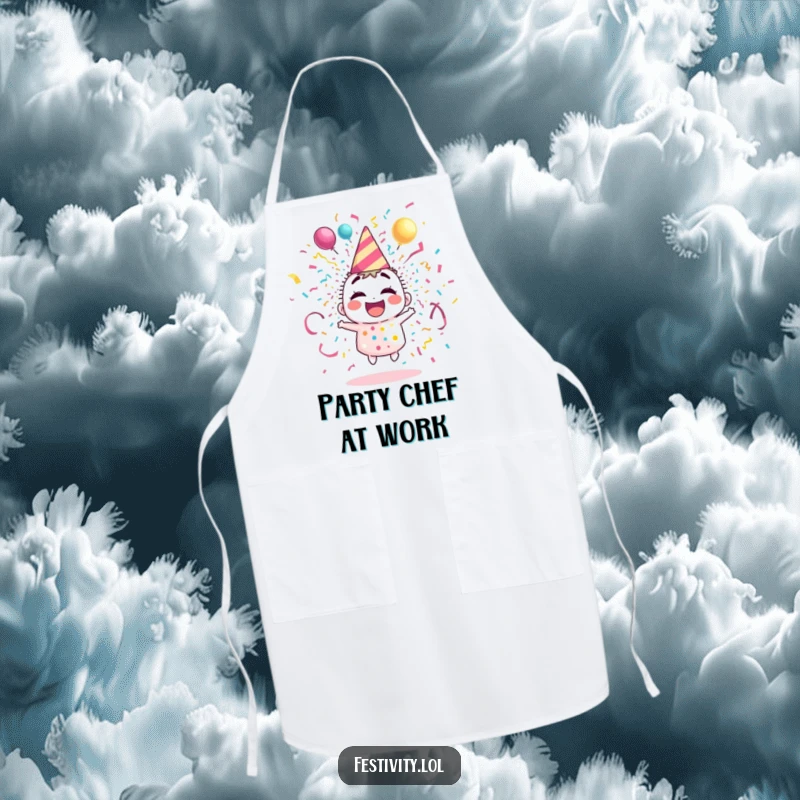Funny apron with a giggling party popper character exploding in a vibrant shower of streamers and confetti, for a joyful cook.