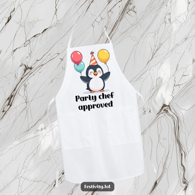 Funny Apron: A giggling penguin wearing a party hat, juggling colorful balloons, a humorous and festive kitchen accessory.