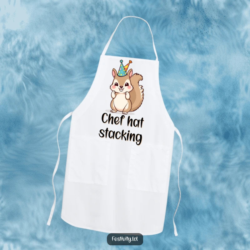 Funny Squirrel Party Hat Apron shows a mischievous squirrel stacking mismatched party hats, adding humor to cooking.