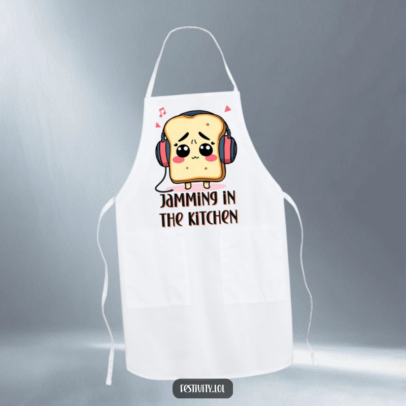 Funny confused toast wearing headphones, lost in music, on a durable and funny kitchen apron.