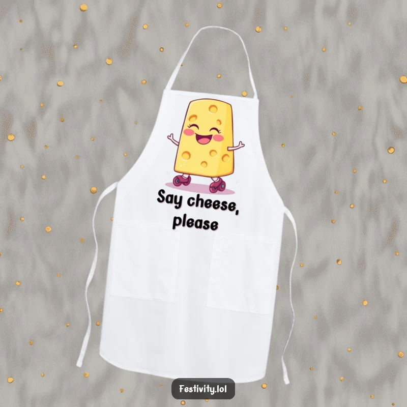 Funny smiling slice of cheese wearing tiny roller skates, comically tripping, depicted on a practical apron for kitchen amusement.