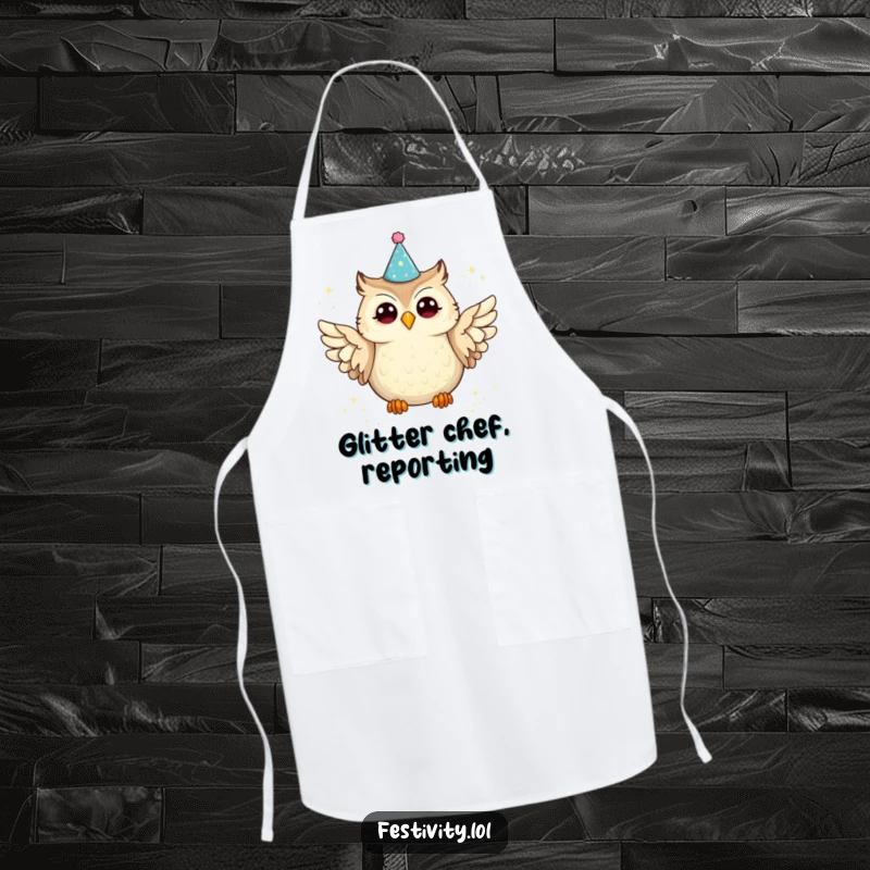Funny owl apron featuring a joyful owl in a party hat spilling glitter, ideal for adding humor to kitchen activities.
