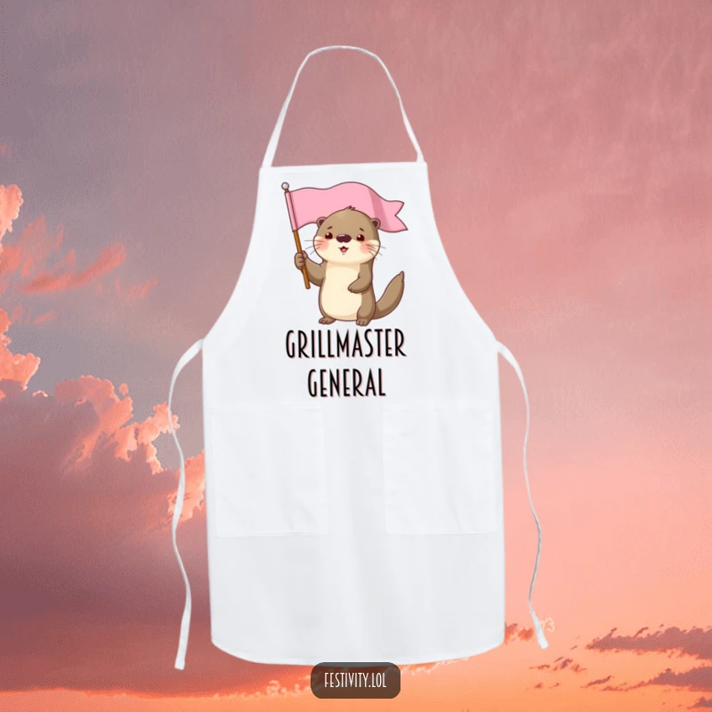 Funny determined otter character holding a flag high apron, ideal for celebratory cooking.