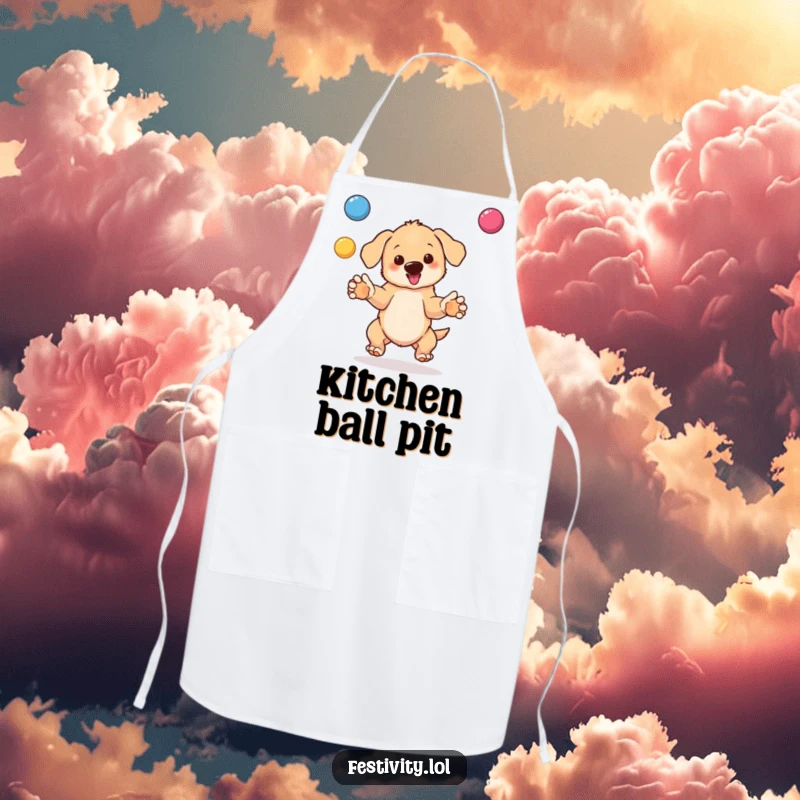 Funny apron graphic of a bouncing puppy juggling bright balls, bringing playful comedy to the kitchen.