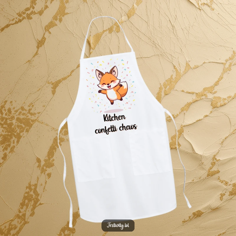 Funny apron showing a grinning fox leaping through confetti, perfect for humorous cooking and baking.