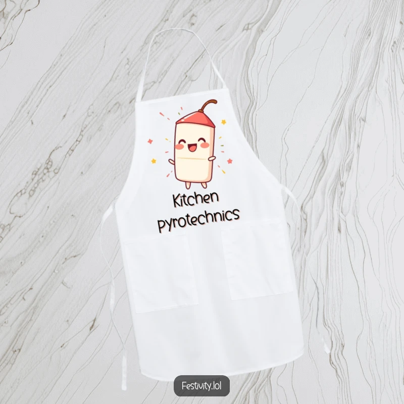 Funny firecracker igniting with a spark, a humorous and practical apron for cooking and parties.