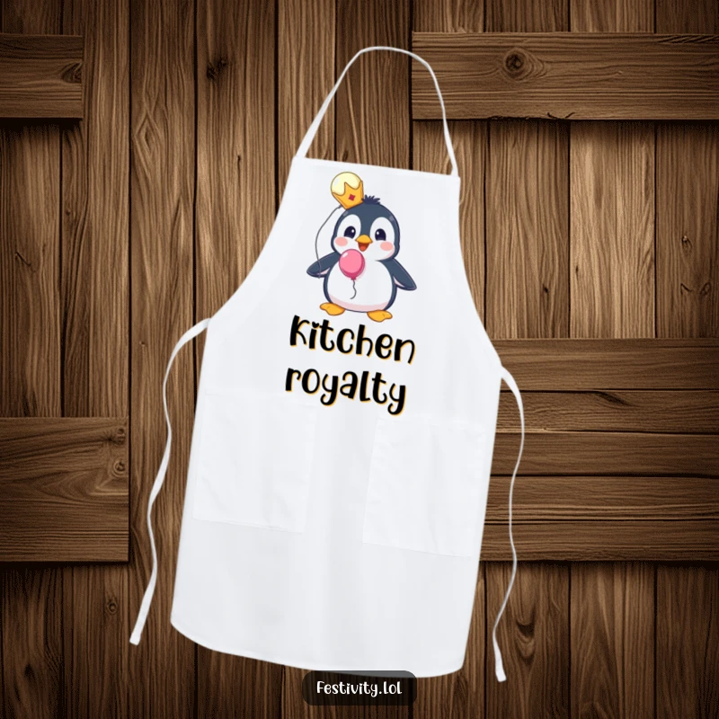 Funny kitchen apron with a surprised penguin wearing a tiny crown and holding a balloon, perfect for regal cooking.