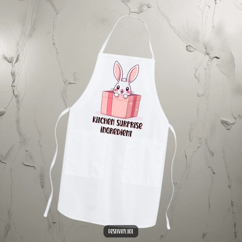 Funny apron with a surprised bunny peeking from a giant gift box, ideal for a humorous and cute cooking experience.