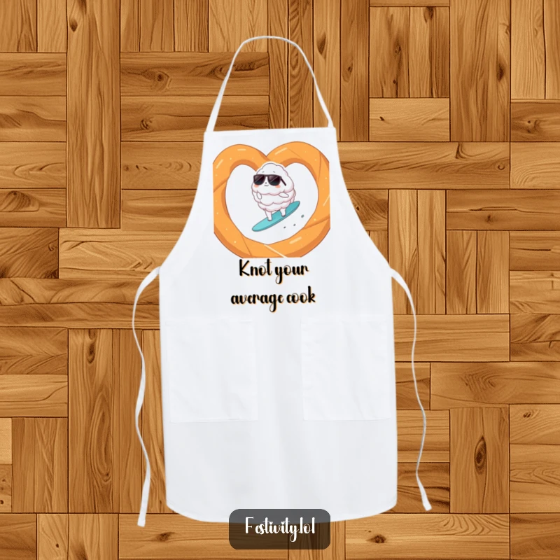 Funny cloud wearing sunglasses surfing on a giant pretzel, depicted on a practical apron for kitchen amusement.