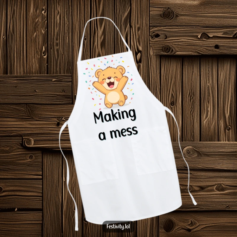 Funny Bear Cub Apron shows a delighted cub scattering confetti, turning any cooking session into a humorous celebration.