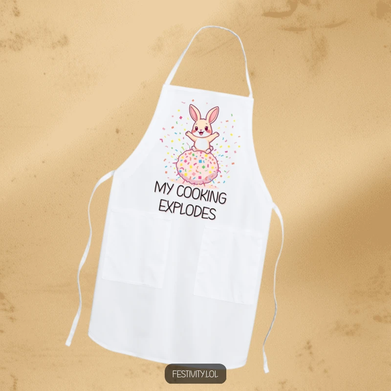 Funny rabbit apron showing a playful rabbit bouncing on a giant confetti bomb, ideal for adding humor to kitchen activities.