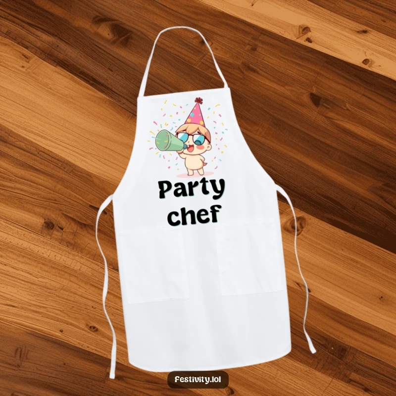 Funny delighted character in a party hat blowing a giant confetti cannon on a festive apron.