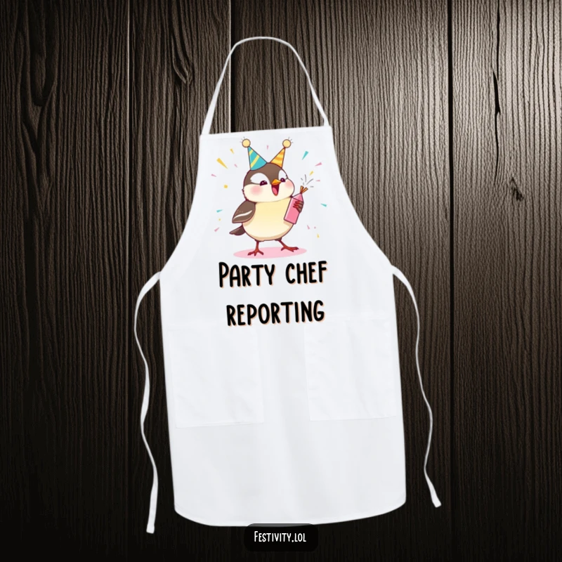 Funny chickadee apron showing a bird popping a party popper, perfect for keeping clothes clean while adding a humorous touch to cooking.