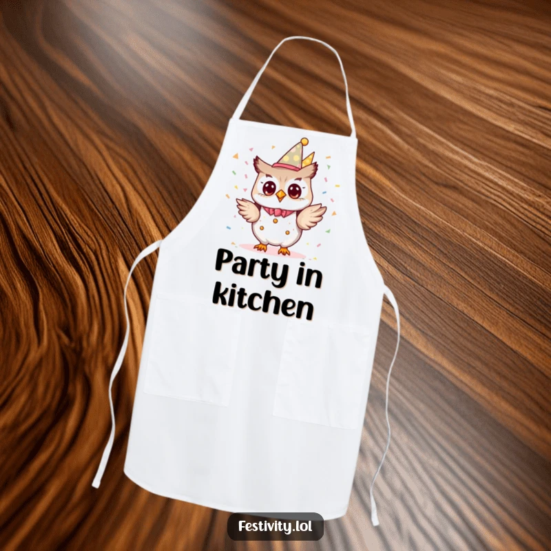 Funny tiny owl character dressed as a party planner, excitedly tossing confetti on a festive apron.