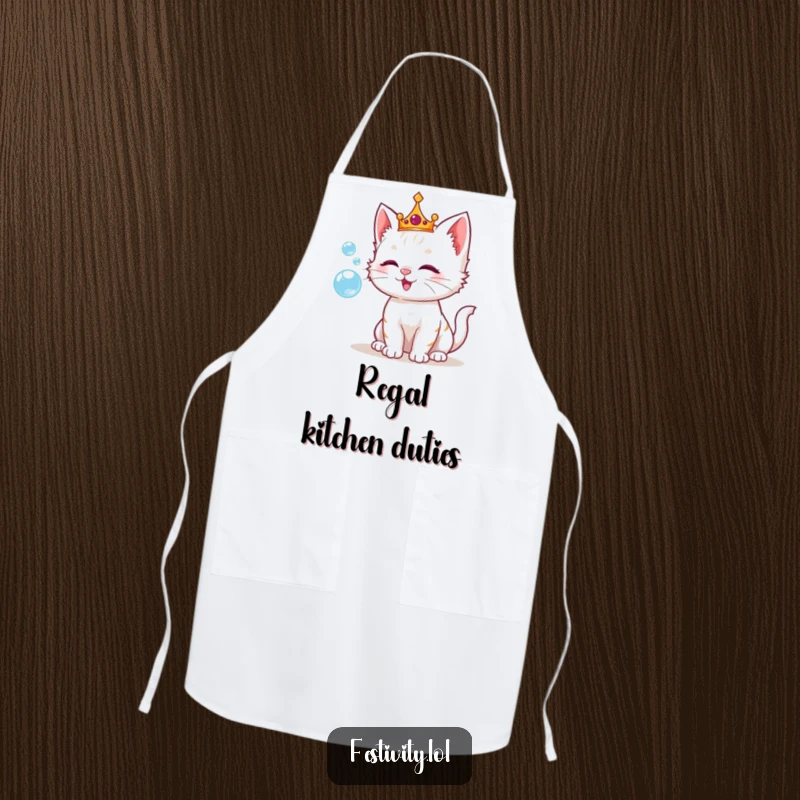 Funny apron showcasing a playful kitten in a crown, blowing shimmering bubbles, making kitchen tasks a delightful royal affair.