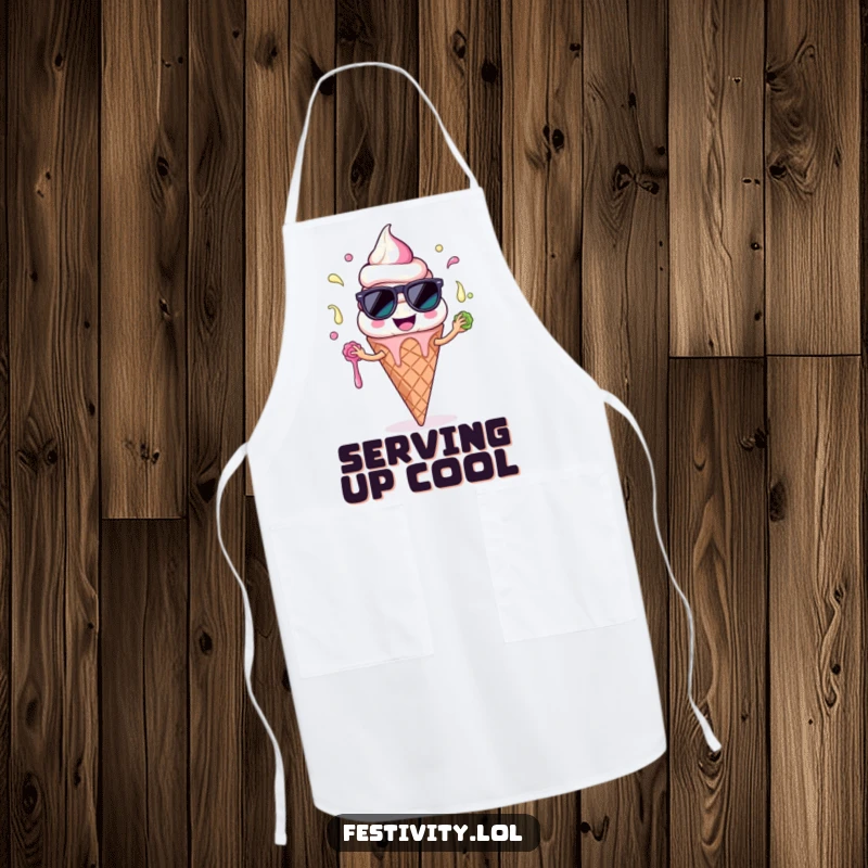 Funny Ice Cream Cone Apron: An apron with a smiling ice cream character comically juggling melting scoops, ideal for a humorous kitchen.
