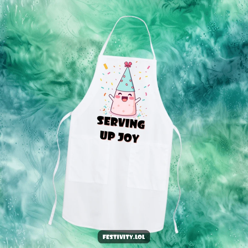 Funny party hat showering confetti, a humorous and practical apron for cooking and parties.