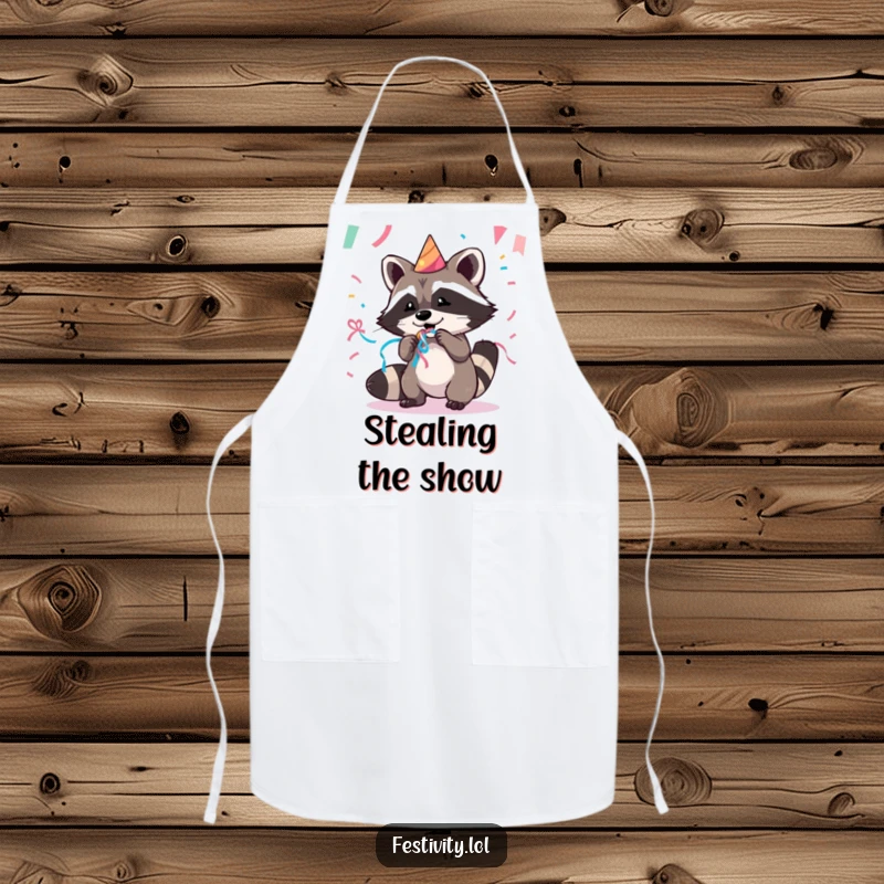 Funny apron artwork of a mischievous raccoon playfully stealing party streamers while in the kitchen, ready for culinary fun.
