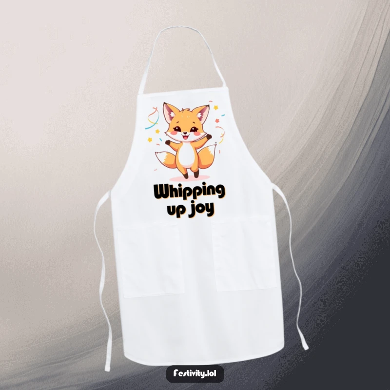 Funny kitchen apron with a happy fox cub dancing with colorful streamers, perfect for a fun cooking experience.