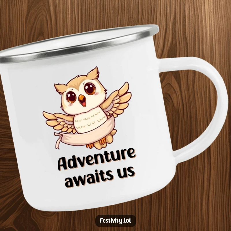 Funny owl camping mug, a joyful owl soaring with a banner, ready for outdoor wisdom and adventures.