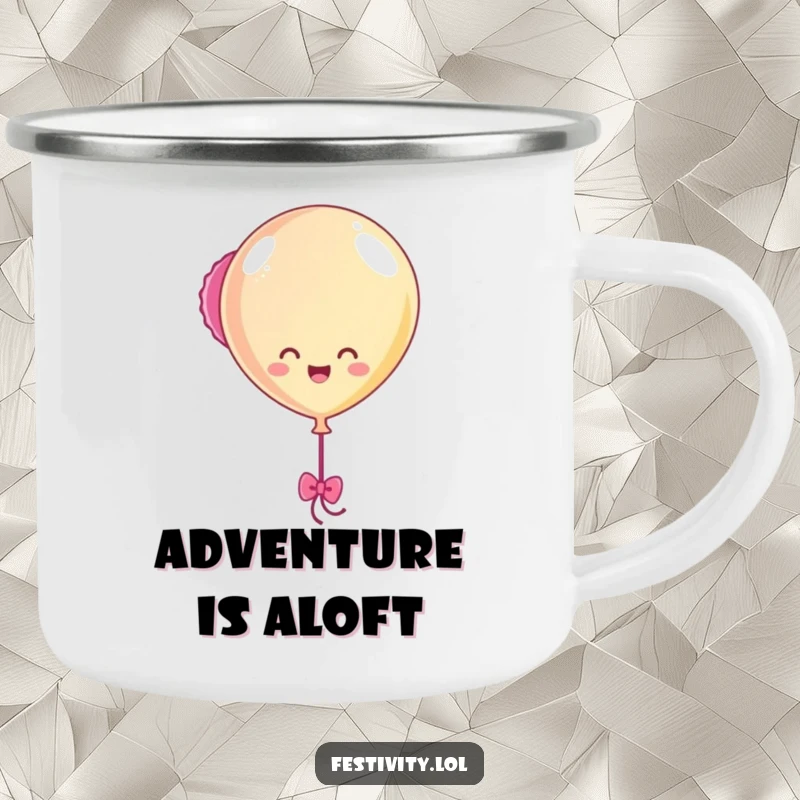 Funny Balloon Bobbing Camping Mug featuring a happy balloon character cheerfully bobbing with streamers, perfect for enjoying drinks during outdoor celebrations.